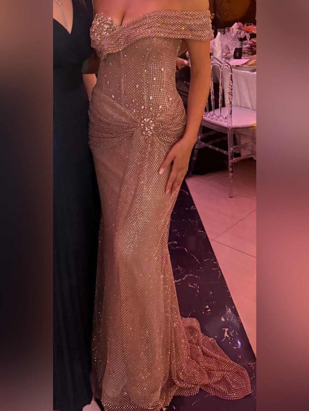 Gold Mesh Evening Gown with Draped Detail made in  Turkey, not Mac duggal ,